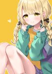  1girl black_bow bow braid closed_mouth fujita_kotone gakuen_idolmaster green_jacket hair_bow hair_ornament hairclip heart idolmaster jacket knees_together_feet_apart legs light_blush long_hair long_sleeves looking_at_viewer purple_skirt shirt simple_background skirt sleeves_past_wrists solo thighhighs thighs twin_braids uchuuneko yellow_background yellow_eyes yellow_shirt 