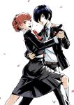  1boy 1girl blue_eyes club3 commentary dancing gekkoukan_high_school_uniform highres holding_hands looking_at_viewer open_mouth persona persona_3 red_eyes school_uniform shiomi_kotone yuuki_makoto_(persona_3) 