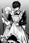  ... 2boys alternate_costume amamiya_ren apron apron_lift back_bow bow broom closed_eyes closed_mouth clothes_lift collared_dress commentary crossdressing crossdressing_(mtf) dress enmaided frilled_apron frilled_dress frills greyscale hair_between_eyes highres holding holding_broom long_sleeves looking_at_viewer looking_back maid maid_apron male_focus monochrome mu6051718 multiple_boys persona persona_5 sakamoto_ryuuji short_hair short_sleeves sideburns smile sparkle speech_bubble spoken_ellipsis sweatdrop symbol-only_commentary wing_collar wrist_cuffs 