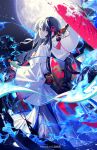  1girl black_hair blue_fire closed_mouth copyright_notice fire from_behind full_moon holding holding_scroll holding_umbrella japanese_clothes kimono long_hair looking_at_viewer looking_back moon multicolored_sash nekonabe_ao night night_sky obi red_eyes red_sash red_umbrella sash scroll shinnazuki sky smile solo umbrella white_kimono yellow_sash 