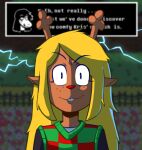 anthro blonde_hair blurred_background checkered checkered_clothing clothing deer deltarune electricity female garden hair hi_res hitsuji lightning looking_at_viewer mammal new_world_deer noelle_holiday pattern_clothing red_nose scalie solo susie_(deltarune) topwear undertale_(series) vest