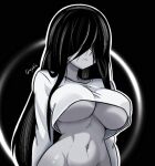  1girl black_background black_hair breasts commentary covered_eyes cropped_shirt english_commentary ghost_girl graphicthereal groin hair_over_eyes large_breasts long_hair navel shirt signature solo the_ring underboob white_shirt yamamura_sadako 