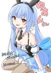 1girl :d :p animal_ears bare_shoulders black_hairband black_leotard black_necktie blue_hair blue_skirt blush breasts brown_eyes brown_pantyhose center_frills closed_eyes closed_mouth commentary_request detached_sleeves don-chan_(usada_pekora) fishnet_pantyhose fishnets frills hairband highres hololive kiritoma leotard long_hair looking_at_viewer necktie no_shoes pantyhose pleated_skirt puffy_short_sleeves puffy_sleeves rabbit-shaped_pupils rabbit_ears seiza short_eyebrows short_necktie short_sleeves simple_background sitting skirt small_breasts smile solo symbol-shaped_pupils thick_eyebrows tongue tongue_out translation_request usada_pekora usada_pekora_(furi_furi_bunny_dress) very_long_hair white_background white_sleeves wrist_cuffs 