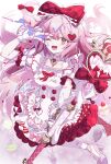  1girl ;d animal_ears arknights arm_up bow braid breasts brown_eyes cat_ears dress frilled_gloves frills gloves goldenglow_(arknights) goldenglow_(party_in_the_garden)_(arknights) hair_bow hair_ornament heart heart_hair_ornament highres holding holding_wand long_hair looking_at_viewer magical_girl medium_breasts one_eye_closed pink_hair puffy_short_sleeves puffy_sleeves red_bow reinoni short_sleeves signature smile solo v v_over_eye very_long_hair wand white_dress white_gloves 