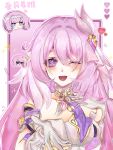  1girl ;o border chinese_commentary commentary_request corset diamond-shaped_pupils diamond_(shape) elysia_(honkai_impact) gloves hair_ornament heart highres honkai_(series) honkai_impact_3rd long_hair looking_at_viewer mistraitangyu one_eye_closed pink_background pink_hair purple_eyes reaching reaching_towards_viewer solo symbol-shaped_pupils triquetra very_long_hair white_border white_corset white_gloves 