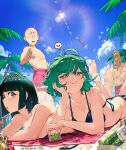  2girls 3boys artist_name bare_shoulders beach bikini blue_sky blush breasts cesar_art456 cloud collarbone commentary_request curly_hair day fubuki_(one-punch_man) genos green_eyes grey_hair highres king_(one-punch_man) large_breasts multiple_boys multiple_girls one-punch_man saitama_(one-punch_man) short_hair sky swimsuit tatsumaki upper_body water 