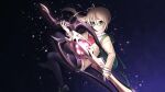 1girl animal_bag black_pantyhose black_shoes bow brown_cardigan brown_eyes brown_hair cardigan chaos;child chest_bow d-sword dress floating_hair frown gero-froggy glasses glowing glowing_sword glowing_weapon hair_ribbon hekiho_academy_school_uniform holding holding_sword holding_weapon huge_weapon light_particles loafers long_sleeves looking_at_viewer one_side_up pantyhose red_bow ribbon round_eyewear school_uniform shiny_eyes shoes side_ponytail solo sword taba_neruko v-shaped_eyebrows weapon white_ribbon yamazoe_uki 