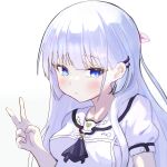  1girl absurdres ajft52o4jw30403 ascot blue_ascot blue_eyes blunt_bangs blunt_ends blush closed_mouth commentary_request eyelashes frown hair_behind_ear hand_up highres long_hair looking_at_viewer naruse_shiroha puffy_short_sleeves puffy_sleeves sailor_collar school_uniform serafuku shirt short_sleeves simple_background solo summer_pockets summer_pockets_school_uniform tsurime upper_body v white_background white_hair white_sailor_collar white_shirt 