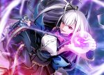 1girl ahoge armpits bare_shoulders belt black_belt black_skirt blurry blurry_background bow bowtie breasts card duel_masters duel_masters_play&#039;s elbow_gloves frilled_skirt frills from_above gloves gradient_background grey_hair highres holding holding_card long_hair looking_at_viewer looking_up luca_(duel_masters) one_side_up open_mouth red_bow red_bowtie red_eyes shirt skirt sleeveless sleeveless_shirt so-on solo trading_card white_shirt 