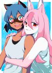  2girls absurdres animal_ears animal_nose aqua_eyes bare_shoulders blue_hair body_fur brand_new_animal brown_fur double-parted_bangs fangs fox_ears fox_girl furry furry_female furry_with_furry hair_between_eyes highres hiwatashi_nazuna hug hug_from_behind kagemori_michiru long_hair looking_at_viewer multicolored_eyes multiple_girls open_mouth parted_lips pink_eyes pink_fur pink_hair raccoon_ears raccoon_girl raccoon_nose red_eyes shirt short_hair sleeveless sleeveless_shirt tanuki teeth two-tone_eyes ugami_kara upper_body upper_teeth_only white_shirt 