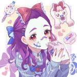  1girl bandaid bandaid_on_face bandaid_on_nose blue_jacket blush bow drinking_straw drinking_straw_in_mouth earrings fingernails flower frilled_bow frills hair_bow heart highres jacket jewelry looking_at_viewer medium_hair milk_(yes!_precure_5) milk_carton milky_mirror mimino_kurumi nail_polish pacifier precure purple_bow purple_hair purple_nails rabbit red_bow red_eyes shigen_pr teardrop_earrings thick_eyebrows yes!_precure_5 yes!_precure_5_gogo! 