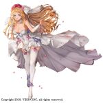 1girl arm_up bare_shoulders blonde_hair blue_eyes breasts bridal_gauntlets bridal_veil bride cleavage commentary detached_collar dress dress_flower floating_clothes floating_hair flower frey_(king&#039;s_raid) full_body garter_straps hair_flower hair_ornament hand_in_own_hair high-low_dress high_heels hwansang_jungdog king&#039;s_raid large_breasts long_hair looking_at_viewer off-shoulder_dress off_shoulder official_alternate_costume official_art petals pink_flower pink_ribbon purple_ribbon red_flower ribbon shoes short_dress simple_background smile solo thighhighs veil very_long_hair wedding_dress white_background white_dress white_flower white_shoes white_thighhighs white_veil wind wind_lift 