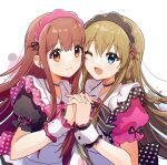  2girls absurdres blue_eyes blush braid brown_eyes brown_hair choker closed_mouth dress frilled_choker frills highres holding_hands idolmaster idolmaster_million_live! interlocked_fingers kousaka_umi long_hair looking_at_viewer maid maid_headdress multiple_girls nnnn one_eye_closed open_mouth puffy_short_sleeves puffy_sleeves short_sleeves simple_background smile tanaka_kotoha upper_body white_background white_wrist_cuffs wrist_cuffs 