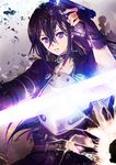  black_hair breastplate energy_sword fingerless_gloves five-seven_(gun) gloves gun handgun highres kirito kirito_(sao-ggo) long_hair mashibaya otoko_no_ko pink_eyes pistol sword sword_art_online weapon 