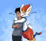 absurd_res anthro biped blue_background blush blush_lines buckteeth c0cobeanz cinderace duo feet female fur generation_8_pokemon hi_res hug hugging_another hugging_from_behind human humanoid lagomorph male male/female mammal nintendo open_mouth pokemon pokemon_(species) shaking shivering simple_background smile smiling_at_another smiling_at_partner tail teeth text thick_thighs white_body white_fur