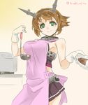  ajino_(sakanahen) apron bare_shoulders bowl breasts brown_hair brown_skirt carrying cooking curry food gloves gradient gradient_background green_eyes headgear kantai_collection ladle large_breasts looking_at_viewer mutsu_(kantai_collection) pleated_skirt pot short_hair sideboob skirt sleeveless smile solo stove text_focus twitter_username white_gloves 