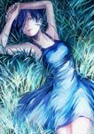  black_hair blue blue_dress blue_hair dress grass hair_over_one_eye kirishima_touka looking_at_viewer lying purple_eyes short_hair solo ten_(j_1995) tokyo_ghoul 