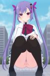  1girl absurdres anus assault_lily black_shirt black_shoes black_thighhighs blue_sky blurry blurry_background blush bow bowtie breasts building censored city closed_mouth cloud colored_pubic_hair commentary_request day feet_out_of_frame female_pubic_hair hair_ornament hair_ribbon hand_on_own_cheek hand_on_own_face hand_on_own_knee hands_up haniwa_(kiminozorazio) herensuge_girls_academy_school_uniform highres jacket jewelry knees_together_feet_apart loafers long_hair long_sleeves looking_at_viewer matsumura_fuuka medium_breasts mosaic_censoring no_panties outdoors pink_eyes pink_ribbon pubic_hair purple_hair purple_pubic_hair pussy raised_eyebrows red_bow red_bowtie ribbon ring school_uniform shirt shoes sky solo squatting tassel tassel_hair_ornament thighhighs twintails very_long_hair white_jacket 