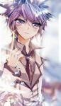  1girl blue_eyes blue_hair blurry blurry_background blush flat_chest gradient_eyes gradient_hair jueshitangmen long_sleeves multicolored_eyes multicolored_hair necktie pink_eyes pink_hair school_uniform short_hair smile solo tomboy wangdong_(jueshitangmen) 