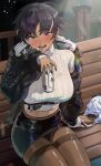 1girl absurdres asahi_breweries bag beer_can black_hair black_jacket black_panties black_skirt blush bon_(vtuber) breasts brown_thighhighs can criss-cross_strings dark-skinned_female dark_skin drink_can drunk ear_piercing fur-trimmed_jacket fur_trim grey_eyes highres holding holding_can indie_virtual_youtuber jacket large_breasts looking_at_viewer midriff night on_bench open_mouth panties pantyshot park_ongjol pencil_skirt piercing plastic_bag ribbed_sweater saliva second-party_source short_hair sitting skirt solo sweater teeth thighhighs turtleneck turtleneck_sweater underbust underwear upper_teeth_only virtual_youtuber white_sweater 