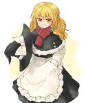  1girl abekawa adapted_costume apron apron_pocket black_cape black_skirt blonde_hair blush bow braid cape capelet closed_mouth commentary_request fur-trimmed_capelet fur_trim green_bow hair_bow hand_in_pocket hat hat_bow holding holding_unworn_clothes holding_unworn_hat kirisame_marisa long_hair looking_at_viewer no_headwear red_scarf scarf side_braid single_braid skirt smile solo touhou unworn_hat unworn_headwear waist_apron white_apron witch_hat yellow_eyes 