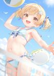  1girl :d absurdres arm_up ball bare_shoulders beach_volleyball beachball bikini bird blonde_hair blue_bikini blue_sky blush breasts brown_eyes cloud commentary_request day front-tie_bikini_top front-tie_top hair_ornament highres jumping looking_at_viewer minami_mii navel open_mouth original outdoors paid_reward_available playing_sports rebun sailor_bikini sailor_collar seagull short_hair side-tie_bikini_bottom simple_bird sky small_breasts smile solo swimsuit twintails volleyball volleyball_net white_sailor_collar yellow_eyes 