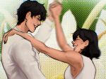  1boy 1girl black_hair closed_eyes dancing dress flower from_side grin halftone han_sooyoung hand_on_another&#039;s_shoulder hetero highres holding_hands kim_dokja lily_(flower) looking_at_another macaronijail medium_hair motion_blur omniscient_reader&#039;s_viewpoint open_mouth short_hair smile suit tuxedo white_dress white_lily white_suit zooming_in 