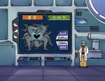  1boy arms_behind_back black_eyes blue_star collared_shirt computer extra_legs full_body grey_hair heart highres lab_coat lobotomy_corporation monitor open_mouth parody poke_ball pokemon pokemon_(anime) professor_oak project_moon red_shirt shirt smile solo yatsumeunagi 