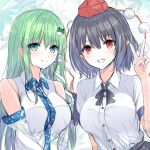  2girls black_hair black_skirt breasts collared_shirt commentary_request detached_sleeves frog_hair_ornament green_eyes green_hair hair_ornament hair_tubes hat kochiya_sanae large_breasts long_hair looking_at_viewer medium_hair multiple_girls no_wings open_mouth pointy_ears pom_pom_(clothes) red_eyes red_hat shameimaru_aya shirt short_sleeves single_hair_tube skirt smile snake_hair_ornament tokin_hat tomo_(uguisu-tei) touhou v white_shirt 