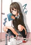  1girl aqua_necktie arm_at_side bathroom black_socks blue_eyes blue_panties blunt_ends book breasts brown_cardigan brown_hair cardigan closed_mouth collared_shirt commentary_request crotch_seam door double-parted_bangs dress_shirt expressionless full_body grey_skirt hand_up highres holding holding_book idolmaster idolmaster_cinderella_girls imminent_peeing indoors kapurikon kneehighs latch long_hair long_sidelocks medium_breasts miniskirt necktie panties pantyshot pee_stain pleated_skirt school_uniform shibuya_rin shirt shoes sidelocks skirt socks solo sound_effects squat_toilet squatting stained_panties straight_hair striped_necktie tile_floor tiles translation_request underwear white_shirt white_shoes 