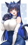  1girl animal_ear_fluff animal_ears animal_hands black_hair blue_eyes blue_hair blue_pants blush border breasts cat_day cat_ears cat_girl cat_tail colored_inner_hair commentary_request denim detached_sleeves fangs gloves hair_intakes hand_up hashtag-only_commentary high-waist_pants highres hololive hololive_english jeans kemonomimi_mode large_breasts long_hair looking_at_viewer multicolored_hair official_alternate_costume oopartz_yang open_mouth ouro_kronii ouro_kronii_(casual) outside_border pants paw_gloves revision sitting sleeveless sleeveless_sweater smile solo sweater sweater_tucked_in tail tail_raised teeth tongue torn_clothes torn_pants turtleneck turtleneck_sweater two-tone_hair upper_teeth_only very_long_hair virtual_youtuber white_border white_sleeves white_sweater 