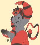 2025 absurd_res anthro areola armpit_hair balls barazoku big_muscles big_pecs big_penis black_areola black_body black_fur body_hair bucccket digital_drawing_(artwork) digital_media_(artwork) erection fur generation_7_pokemon genitals green_eyes grey_body grey_fur hi_res holding_own_penis holding_penis incineroar male multicolored_body multicolored_fur muscular muscular_anthro muscular_arms muscular_legs muscular_male nintendo pecs penis pokemon pokemon_(species) raised_arm red_body red_fur sharp_teeth side_view simple_background solo standing tail teeth vein veiny_muscles veiny_penis yellow_sclera