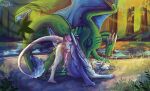 anal anal_penetration avian beak blue_membrane dragon duo erection feathered_wings feathers feral forest forest_background fur genitals grass green_body green_scales gryphon hi_res hollyvardia horn knot male male/male membrane_(anatomy) membranous_wings mythological_avian mythological_creature mythological_scalie mythology nature nature_background penetration penis pink_knot pink_penis plant scales scalie tree white_body white_fur white_horn wings