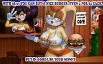 16:10 absurd_res anthro big_breasts biped blush bottomwear breasts burger chacrawarrior cleavage clothed clothing duo eyelashes female food hi_res honey_the_cat hooters lagomorph leporid looking_at_viewer mammal mature_female navel pepsi pupils rabbit sega shirt shorts sonic_the_fighters sonic_the_hedgehog_(series) thick_thighs topwear vanilla_the_rabbit waiter widescreen