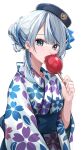  1girl absurdres alternate_costume amagai_ruka beret blue_eyes blue_hair blue_hat blue_ribbon blue_sash candy_apple earclip floral_print floral_print_kimono food hair_bun hair_ribbon hat highres holding_candy_apple japanese_clothes kimono looking_at_viewer medium_hair multicolored_hair obi open_mouth parted_bangs print_kimono ribbon sakuradakey sash simple_background solo streaked_hair upper_body virtual_youtuber weather_planet white_background yukata 