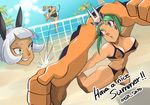  2girls absurdres animal_ears ball beach_volleyball bikini breasts cat_ears cat_tail cerebella_(skullgirls) cleavage dark_skin disembodied_head eyeshadow green_eyes green_hair green_lipstick green_nails hat highres jumping large_breasts lipstick makeup moji_sato ms._fortune_(skullgirls) multiple_girls nadia_fortune nail_polish purple_eyes skull skullgirls sunglasses swimsuit tail vice-versa_(skullgirls) white_hair 