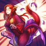  1girl border breasts china_dress chinese_clothes coat commentary_request covered_navel cowboy_shot dragon_girl dragon_tail dress emphasis_lines facial_mark forehead_mark furrification furry genderswap genderswap_(mtf) hair_ornament hua_zhuotian_(shinku_castle) large_breasts long_hair monster_girl original pointy_ears purple_border purple_coat red_dress red_hair red_scales red_tail shinku_castle solo surprised tail torn_clothes torn_dress transformation white_background wide-eyed yellow_eyes 
