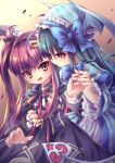  2girls alucard_lore black_dress black_hair blue_dress blue_ribbon dress emil_chronicle_online frilled_dress frilled_hat frills hair_ornament hair_ribbon hat heart heart_tail highres holding_hands long_hair mephistopheles_lore multiple_girls purple_hair red_eyes red_ribbon ribbon sweatdrop tail twintails yupi828 yuri 
