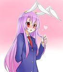  animal_ears arm_behind_back blazer blush bunny_ears closed_mouth dress_shirt embarrassed gradient gradient_background heart holding holding_hair jacket long_hair long_sleeves looking_away necktie nose_blush open_mouth purple_hair red_eyes red_neckwear reisen_udongein_inaba shirt smile solo touhou very_long_hair white_shirt yukina_(masyumaro610) 