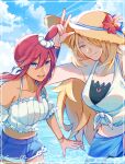  2girls bikini bikini_under_clothes bikini_under_shorts blonde_hair blue_bikini blue_eyes blue_sarong blue_shorts blue_sky breasts brown_hat closed_mouth cloud cloudy_sky collarbone crop_top cynthia_(pokemon) cynthia_(summer_2025)_(pokemon) denim denim_shorts flower flower_hat grey_eyes hair_ornament hair_over_one_eye hat hat_flower highres long_hair looking_at_viewer midriff multiple_girls navel off-shoulder_shirt off_shoulder official_alternate_costume one_side_up open_mouth outdoors partially_submerged pokemon pokemon_masters_ex red_hair sarong shirt shorts sidelocks sky skyla_(pokemon) skyla_(summer_2025)_(pokemon) smile straw_hat sun_hat swimsuit tied_shirt very_long_hair water yum00m 