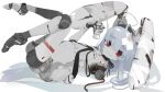  1girl ahoge amputee animal_ears bandages bandaid blue_hair colored_skin commentary_request commission damaged grey_skin joints long_hair looking_at_viewer lying nanatsuki_sousuke on_back original rabbit_ears rabbit_girl rabbit_tail red_eyes robot_girl robot_joints skeb_commission tail 