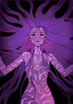  1girl absurdres alternate_hairstyle black_background body_markings breasts glowing glowing_eye glowing_markings hair_down hair_over_breasts heterochromia highres kpop_demon_hunters long_hair looking_at_viewer navel outstretched_arms purple_hair rumi_(kpop_demon_hunters) small_breasts solo stomach very_long_hair vvvimint 