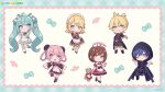 2boys 4girls :d ;) ahoge apron aqua_bow aqua_dress aqua_eyes aqua_hair artist_name black_coat black_dress black_jacket black_pants black_shoes black_shorts black_vest blonde_hair blue_eyes blue_necktie bow braid braided_hair_rings brown_hair bun_cover chibi chibi_only closed_mouth coat coattails commentary_request copyright_notice dress frilled_apron frilled_dress frills full_body grin hair_between_eyes hair_bow hair_ornament hair_rings hairclip hatsune_miku heart highres holding_teddy_bear hood hood_up hooded_jacket jacket kagamine_len kagamine_rin kaito_(vocaloid) leg_up leg_warmers logo maid_headdress megurine_luka meiko_(vocaloid) multiple_boys multiple_girls necktie official_art one_eye_closed pants pink_hair red_dress second-party_source shiromikan shirt shoes shorts single_leg_warmer skirt_hold sleeves_past_fingers sleeves_past_wrists smile striped_clothes striped_shorts striped_thighhighs teeth thighhighs vest vocaloid waist_apron white_apron white_leg_warmers white_shirt yellow_necktie 