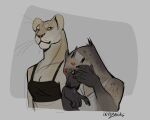 anthro clothing duo embarrassed felid female female/female hiding_face hyena infezmite kissed_all_over lion mammal pantherine smile spotted_hyena topwear