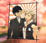 1boy 1girl absurdres amamiya_ren black_hair black_jacket blonde_hair hair_ornament hairclip highres jacket one_eye_closed persona persona_5 personaparadise smile takamaki_anne twintails v v_over_eye 