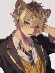  1boy absurdres animal_ear_fluff animal_ears arm_up black_jacket blonde_hair blue_eyes blush collared_shirt crossed_bangs diagonal-striped_clothes diagonal-striped_necktie double-parted_bangs gold_trim grey_background hair_between_eyes highres hyena_boy hyena_ears jacket lapels long_sleeves looking_at_viewer male_focus necktie night_raven_college_uniform notched_lapels open_clothes open_collar open_jacket open_mouth roku_maruru ruggie_bucchi sanpaku school_uniform shirt simple_background sleeve_cuffs solo striped_clothes suit_jacket twisted_wonderland vest white_shirt wing_collar yellow_vest 