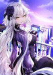  1girl absurdres ahoge balcony black_bow black_dress blush bow breasts cityscape dress fate/grand_order fate_(series) flower hair_between_eyes hair_flower hair_ornament hane_yuki highres jeanne_d&#039;arc_alter_(fate) jeanne_d&#039;arc_alter_(over_the_same_sky)_(fate) large_breasts long_hair long_sleeves looking_at_viewer night night_sky open_mouth purple_flower purple_rose purple_shrug rose sideboob sky smile solo very_long_hair white_hair yellow_eyes 
