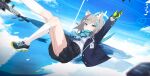  1girl absurdres animal_ear_fluff animal_ears black_shoes black_skirt blue_eyes blue_jacket blue_necktie blue_scarf blush cross_hair_ornament extra_ears gloves green_gloves grey_hair hair_ornament hayate_(1034853996) highres jacket kneehighs long_hair necktie plaid_clothes plaid_skirt pleated_skirt scarf shiroko_(blue_archive) shirt shoes sidelocks skirt socks solo white_shirt white_socks wolf_ears wolf_girl 