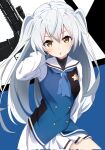  1girl arm_at_side black_vest blue_background blue_neckerchief blue_vest blush brown_eyes buttons commentary_request corrupted_twitter_file cowboy_shot cowlick double-breasted floating_hair grey_hair grisaia_(series) grisaia_phantom_trigger gun hair_between_eyes hand_up highres long_hair long_sleeves looking_at_viewer miniskirt neckerchief open_mouth pleated_skirt poteto_furai sailor_collar school_uniform serafuku shirt shishigaya_touka simple_background skirt solo star_(symbol) two-tone_background two-tone_vest two_side_up upturned_eyes v-shaped_eyebrows very_long_hair vest weapon white_background white_sailor_collar white_shirt white_skirt 
