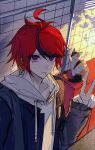  absurdres ahoge black_hoodie black_streaks blue_eyes calico_(pattern) calico_cat commentary diqiubaozhawoshuijue grey_jacket hand_up highres hood hoodie jacket jacket_over_hoodie male_focus multicolored_hair multicolored_jacket orange_eyes red_hair short_hair smile streaked_hair sumino_takumi symbol-only_commentary the_hundred_line_-last_defense_academy- two-tone_jacket v white_hoodie 